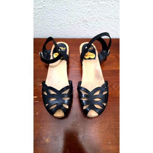 Swedish Hasbeens Women's Black Leather Peep-Toe Sandals Wooden Platform & Ankle - Picture 2 of 13